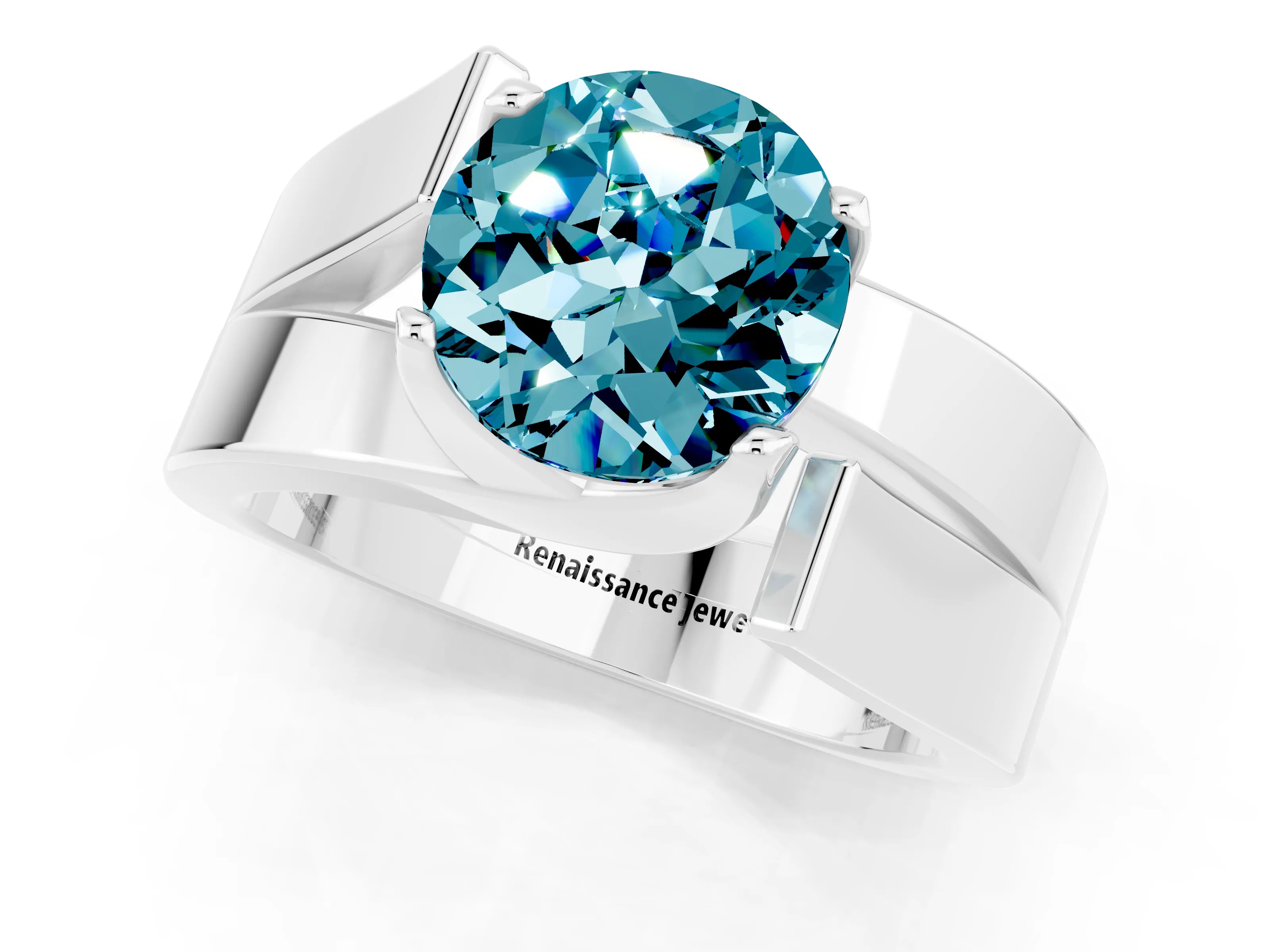 White gold Modern Tension Set Round Cut Blue Topaz Solitaire Wide Band Ring_1