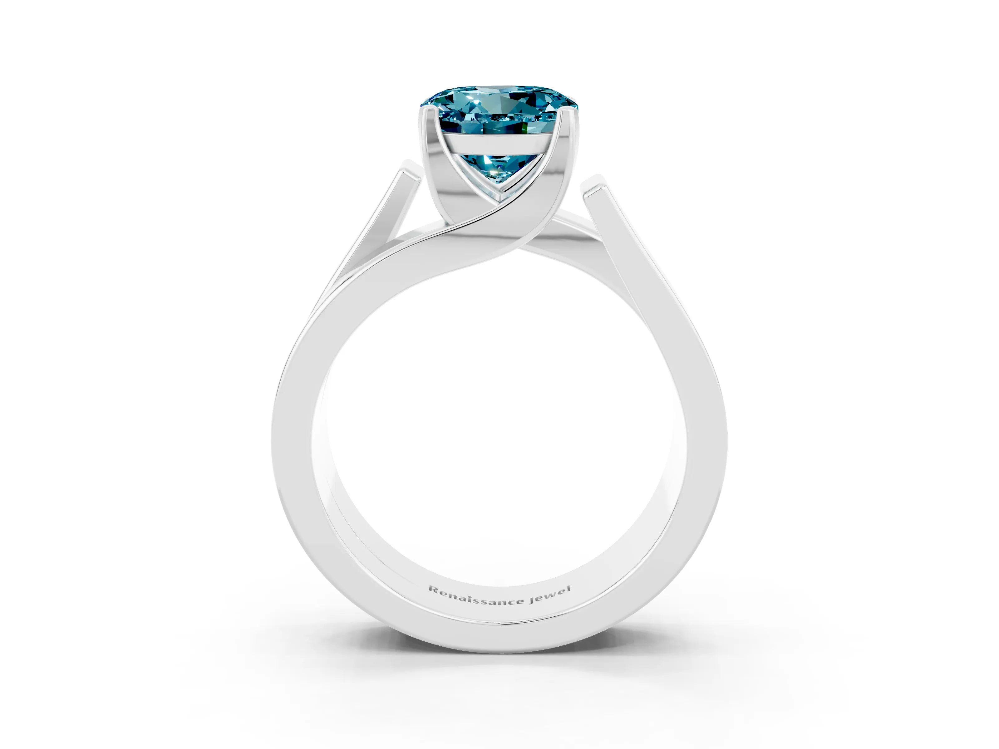 White gold Modern Tension Set Round Cut Blue Topaz Solitaire Wide Band Ring_3