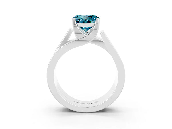 Silver Modern Tension Set Round Cut Blue Topaz Solitaire Wide Band Ring
