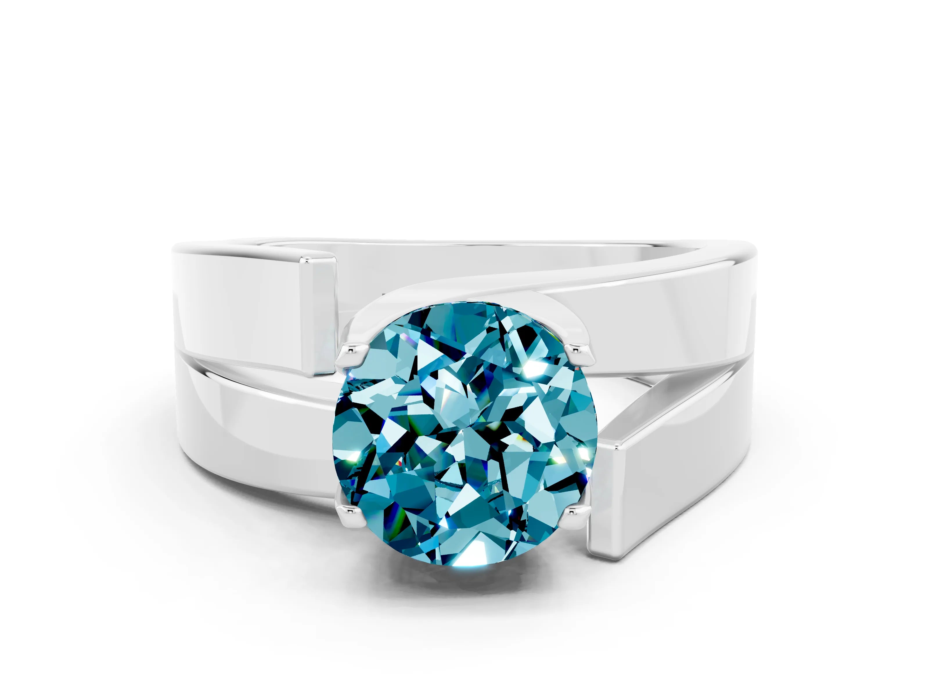 White gold Modern Tension Set Round Cut Blue Topaz Solitaire Wide Band Ring
