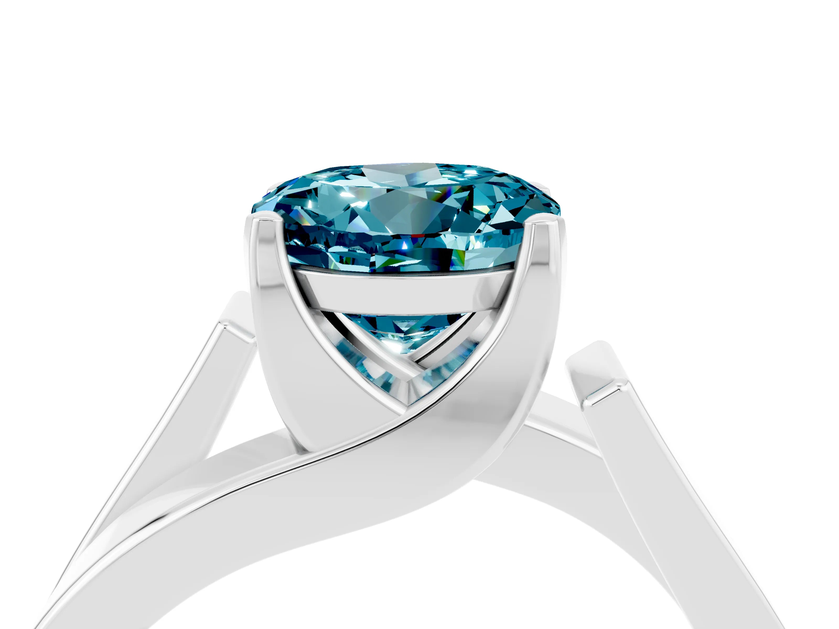 White gold Modern Tension Set Round Cut Blue Topaz Solitaire Wide Band Ring_4