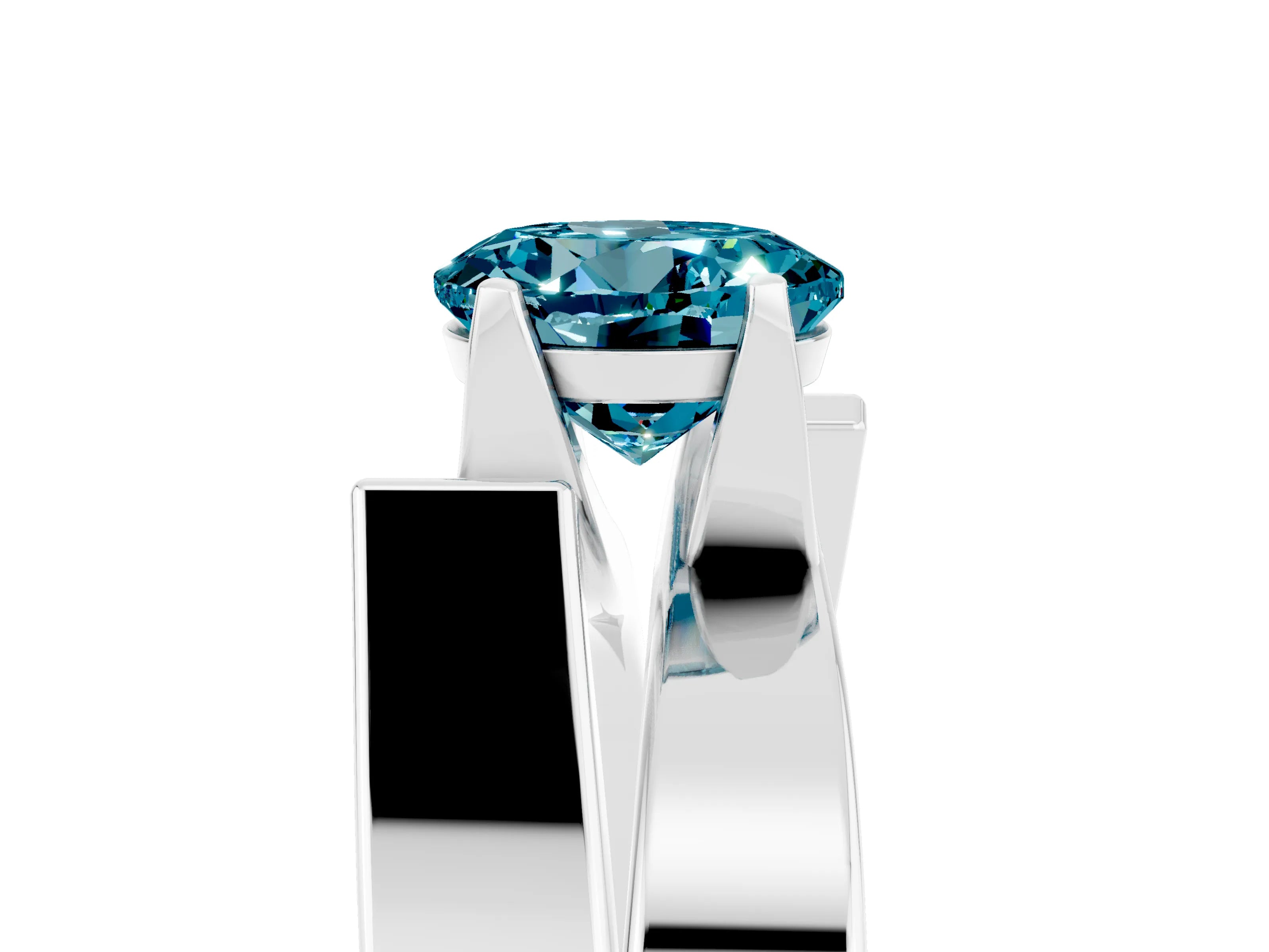 White gold Modern Tension Set Round Cut Blue Topaz Solitaire Wide Band Ring_5