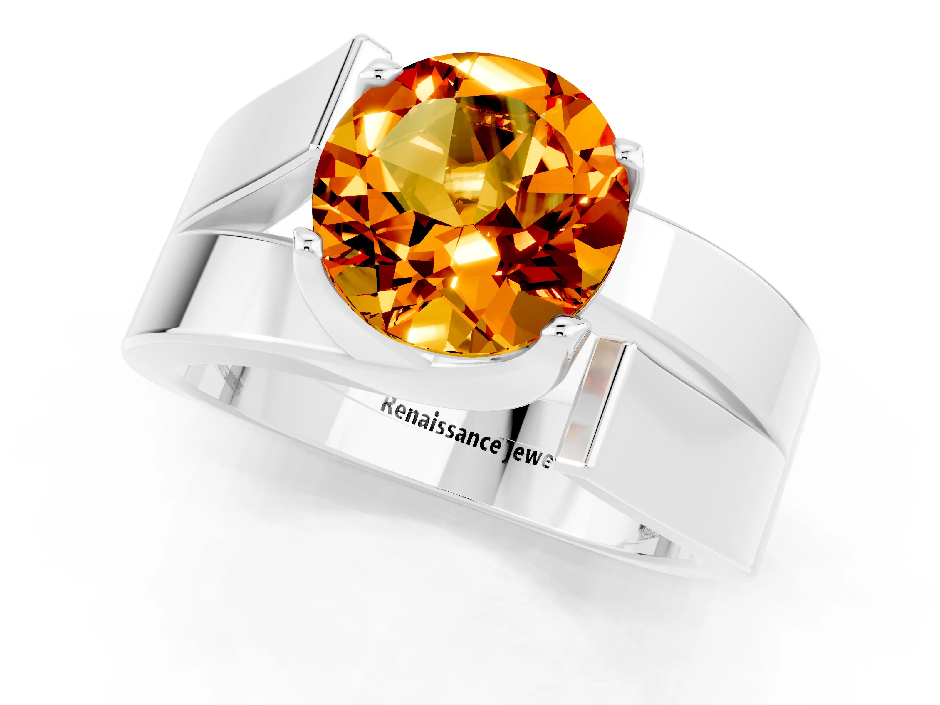 White gold Modern Tension Set Round Cut Citrine Solitaire Wide Band Ring_1