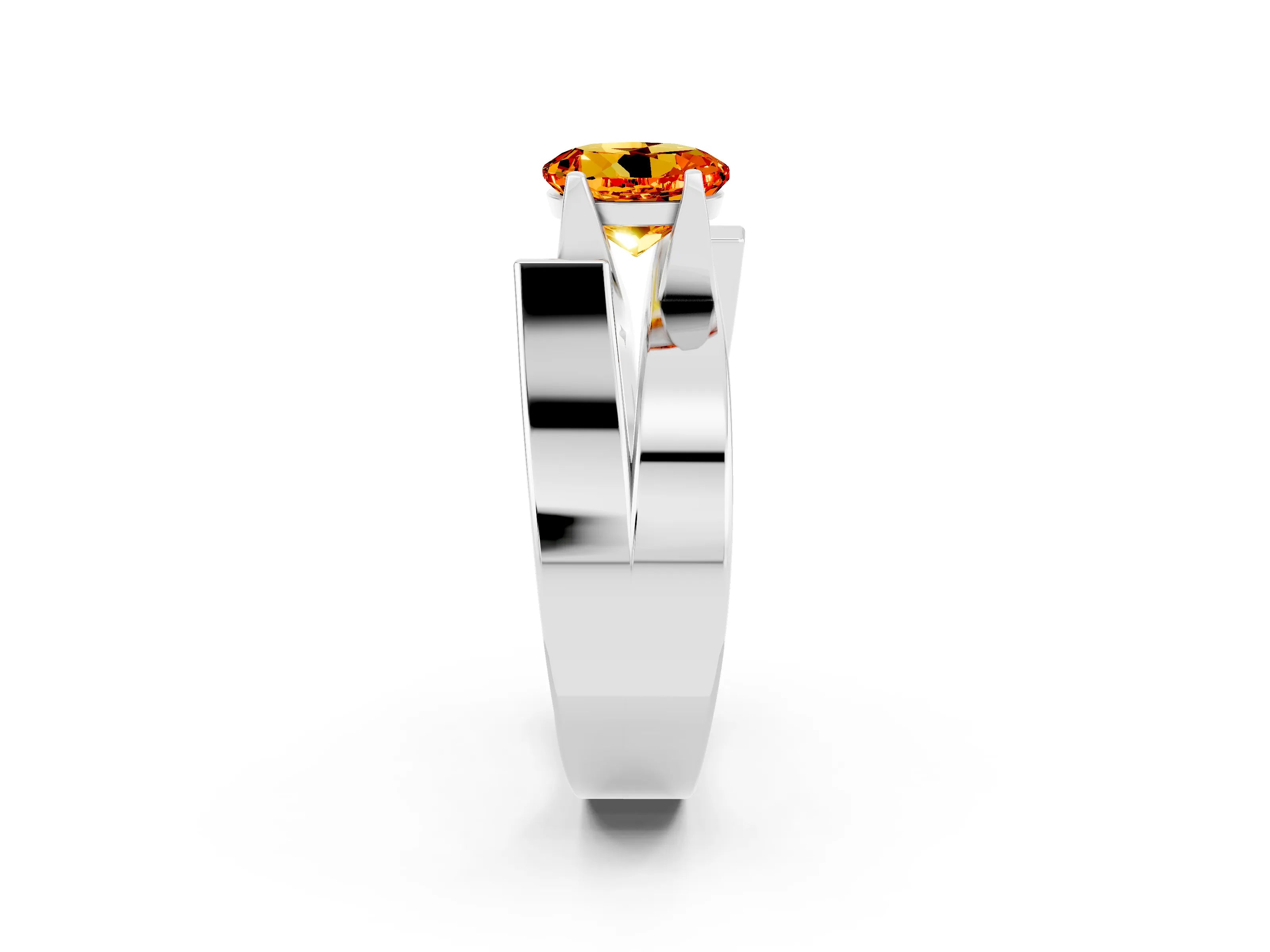 White gold Modern Tension Set Round Cut Citrine Solitaire Wide Band Ring_2