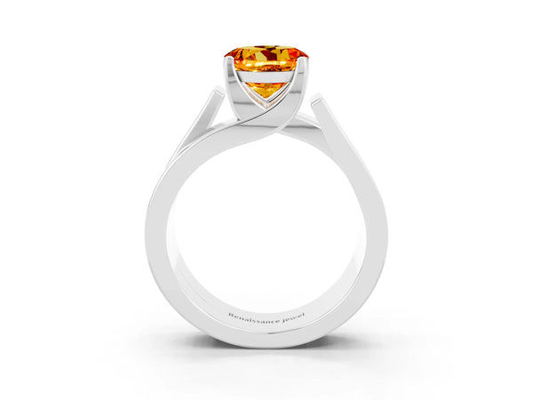 Silver Modern Tension Set Round Cut Citrine Solitaire Wide Band Ring