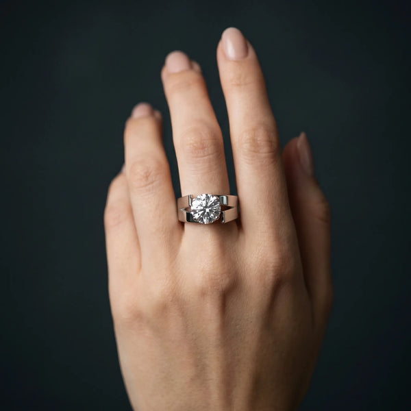 White gold Modern Tension Set Round Cut Diamond Solitaire Wide Band Ring