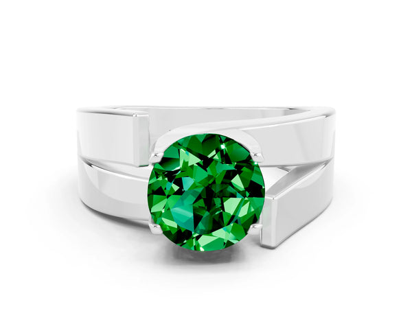 Platinum Modern Tension Set Round Cut Emerald Solitaire Wide Band Ring