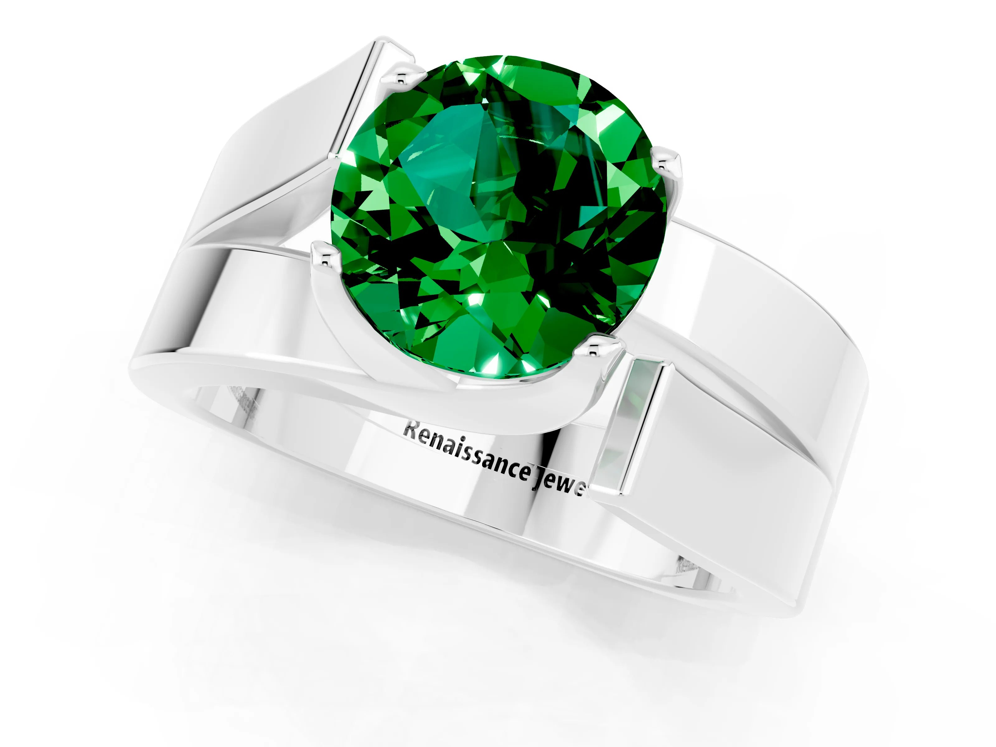 White gold Modern Tension Set Round Cut Emerald Solitaire Wide Band Ring_1