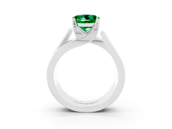 Platinum Modern Tension Set Round Cut Emerald Solitaire Wide Band Ring