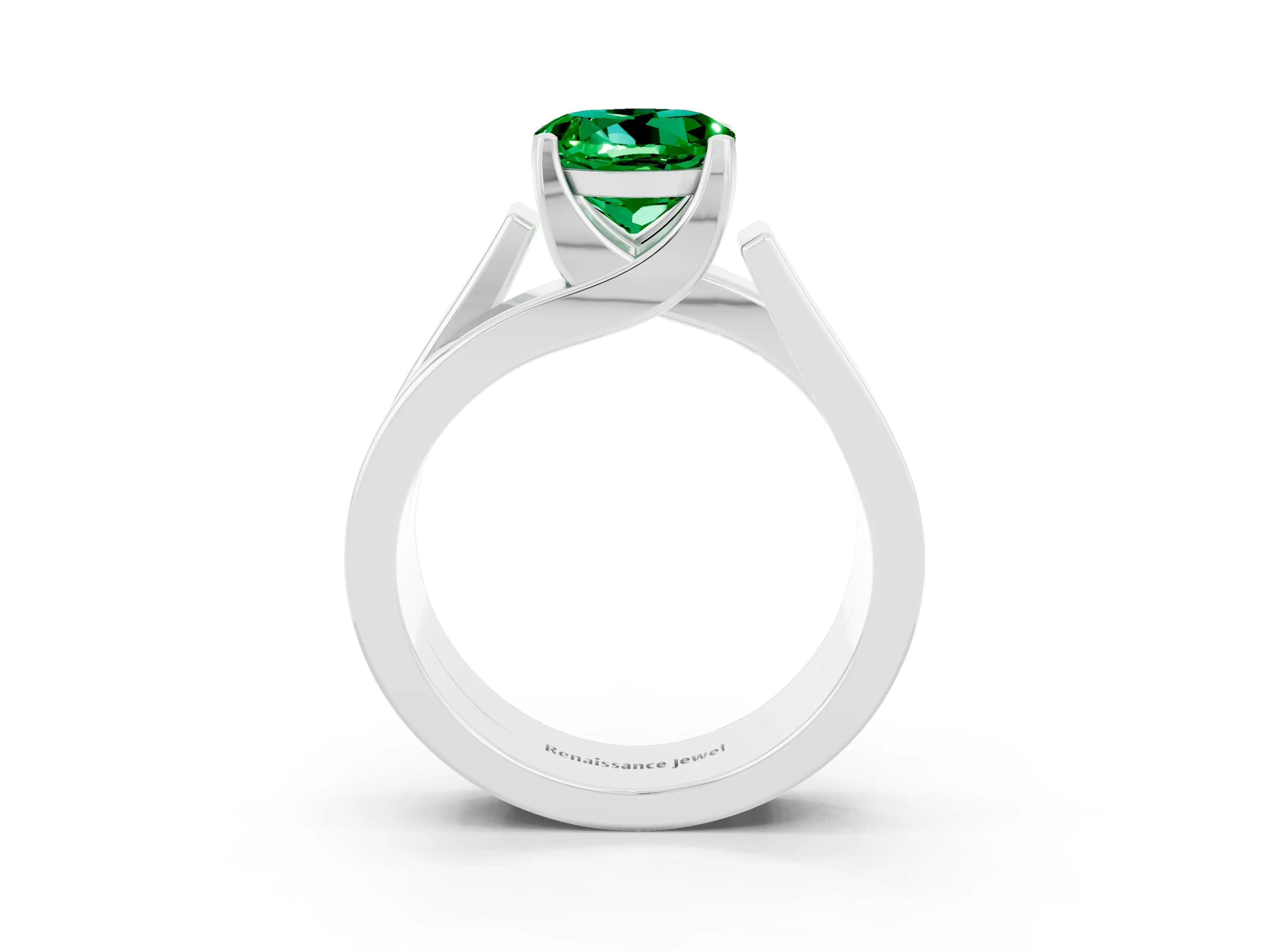 White gold Modern Tension Set Round Cut Emerald Solitaire Wide Band Ring_3
