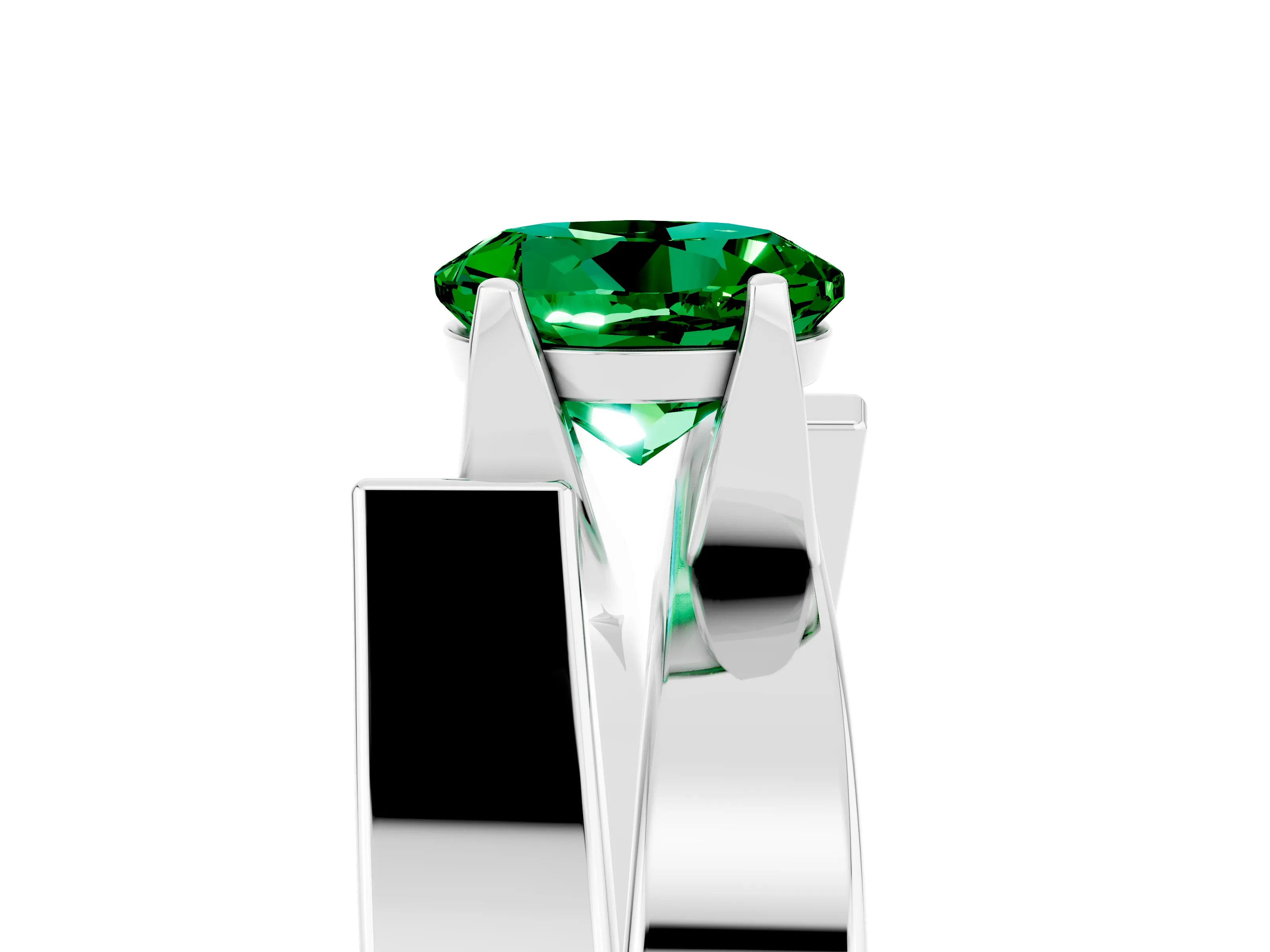 White gold Modern Tension Set Round Cut Emerald Solitaire Wide Band Ring_5