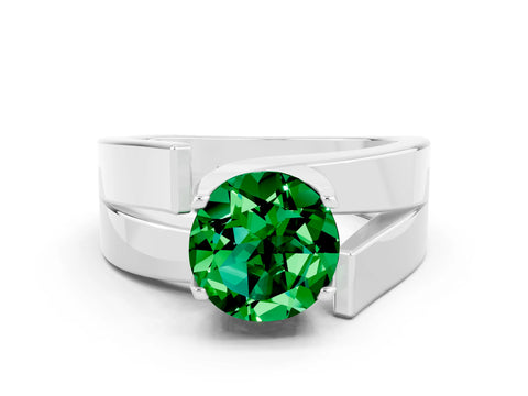 White gold Modern Tension Set Round Cut Emerald Solitaire Wide Band Ring