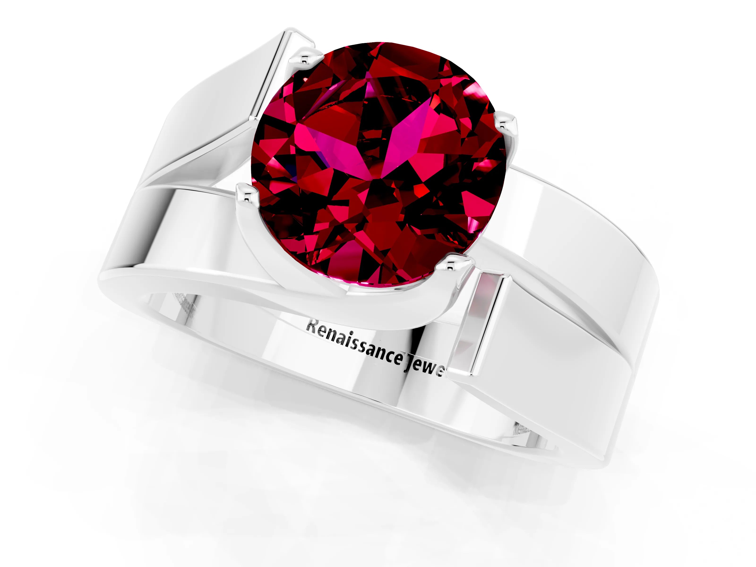 White gold Modern Tension Set Round Cut Garnet Solitaire Wide Band Ring_1