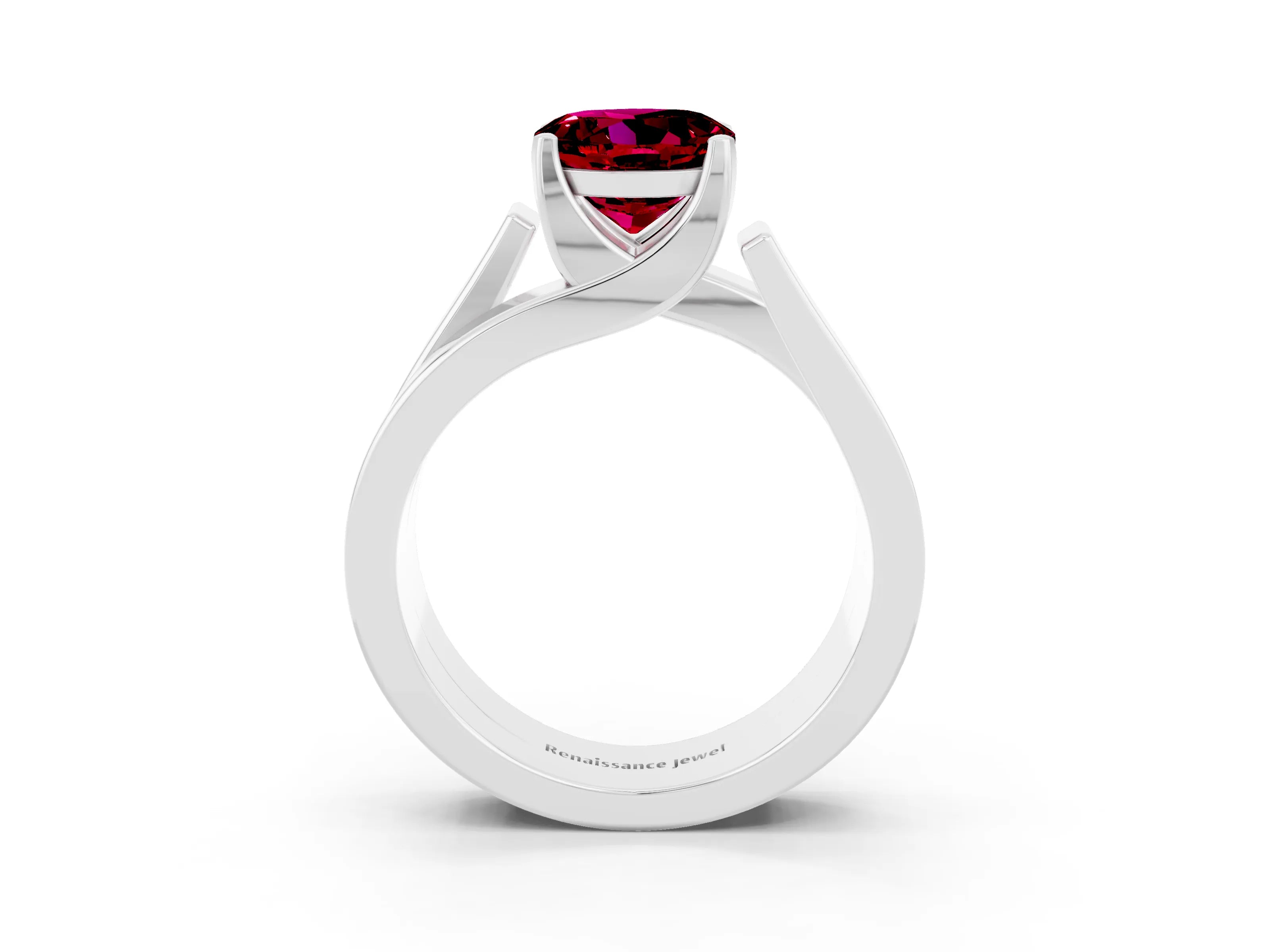 White gold Modern Tension Set Round Cut Garnet Solitaire Wide Band Ring_3