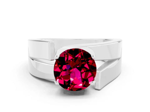White gold Modern Tension Set Round Cut Garnet Solitaire Wide Band Ring