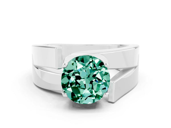 Platinum Modern Tension Set Round Cut Green Sapphire Solitaire Wide Band Ring