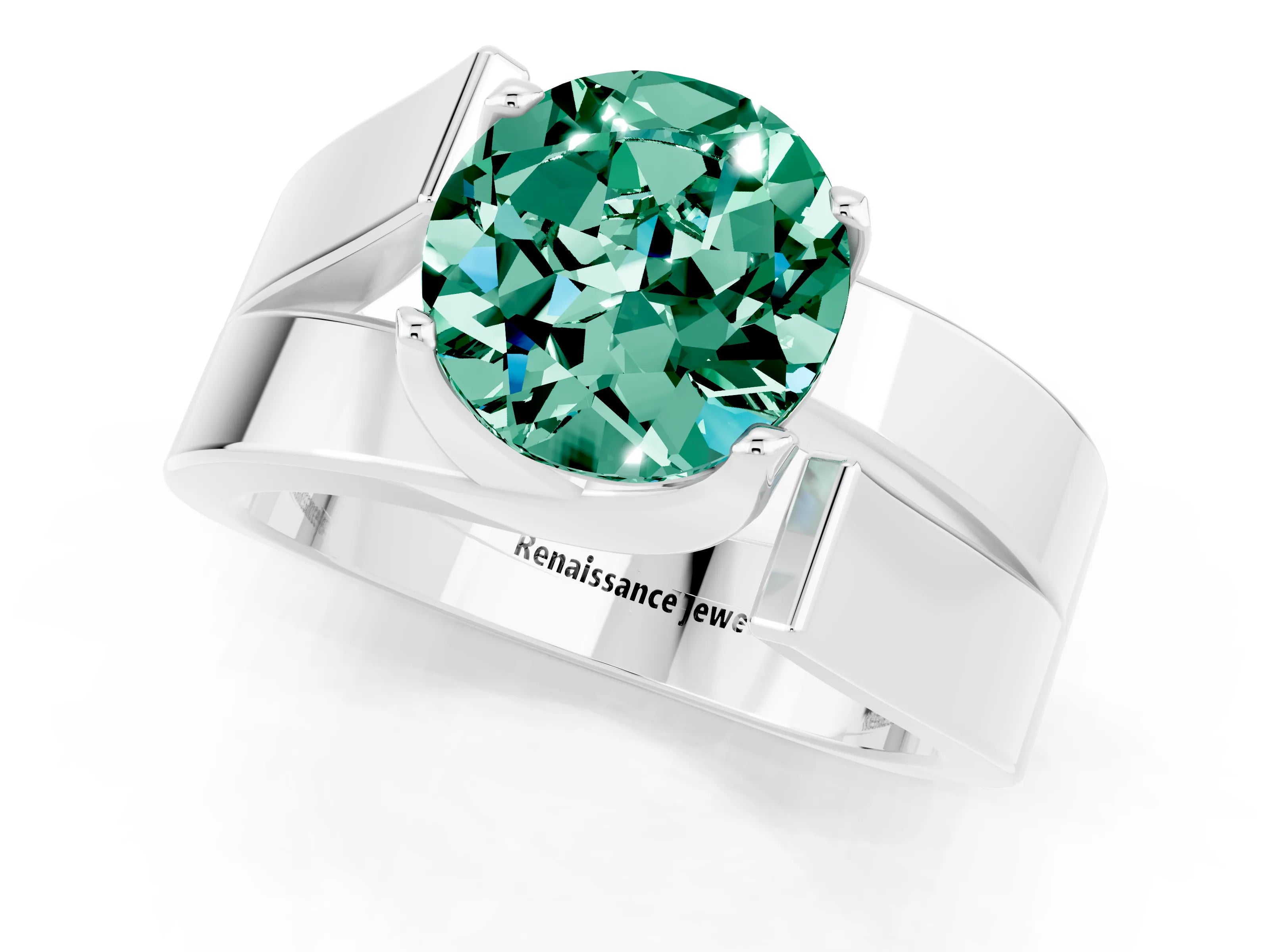 White gold Modern Tension Set Round Cut Green Sapphire Solitaire Wide Band Ring_1