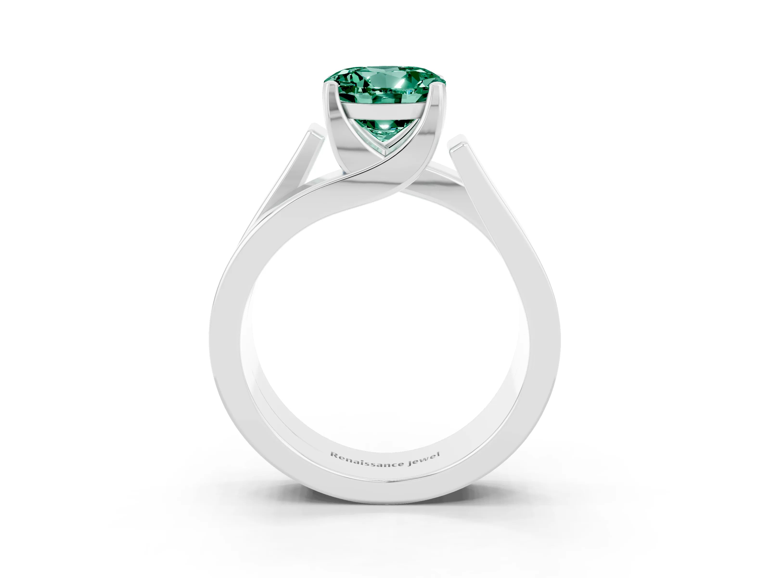 White gold Modern Tension Set Round Cut Green Sapphire Solitaire Wide Band Ring_3