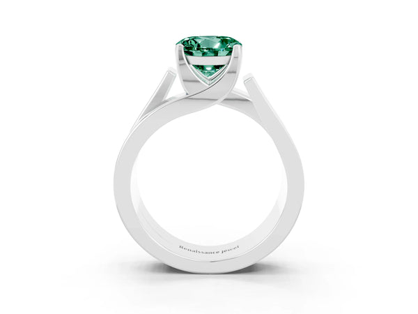 Platinum Modern Tension Set Round Cut Green Sapphire Solitaire Wide Band Ring