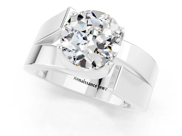Silver Modern Tension Set Round Cut Moissanite Solitaire Wide Band Ring