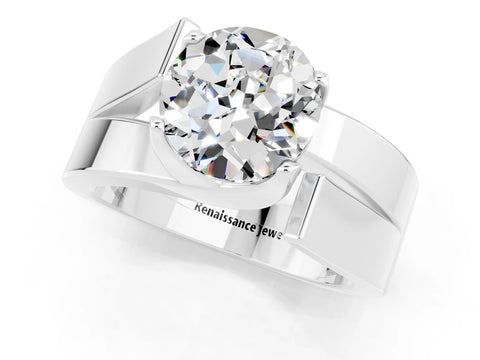 White gold Modern Tension Set Round Cut Moissanite Solitaire Wide Band Ring_1