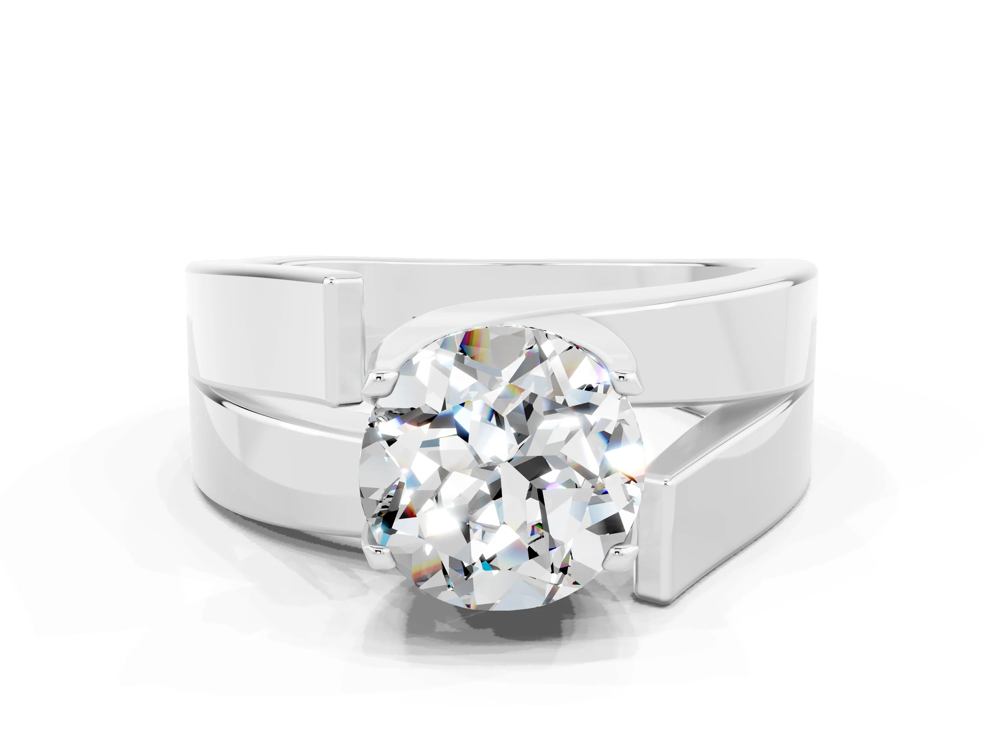 White gold Modern Tension Set Round Cut Moissanite Solitaire Wide Band Ring