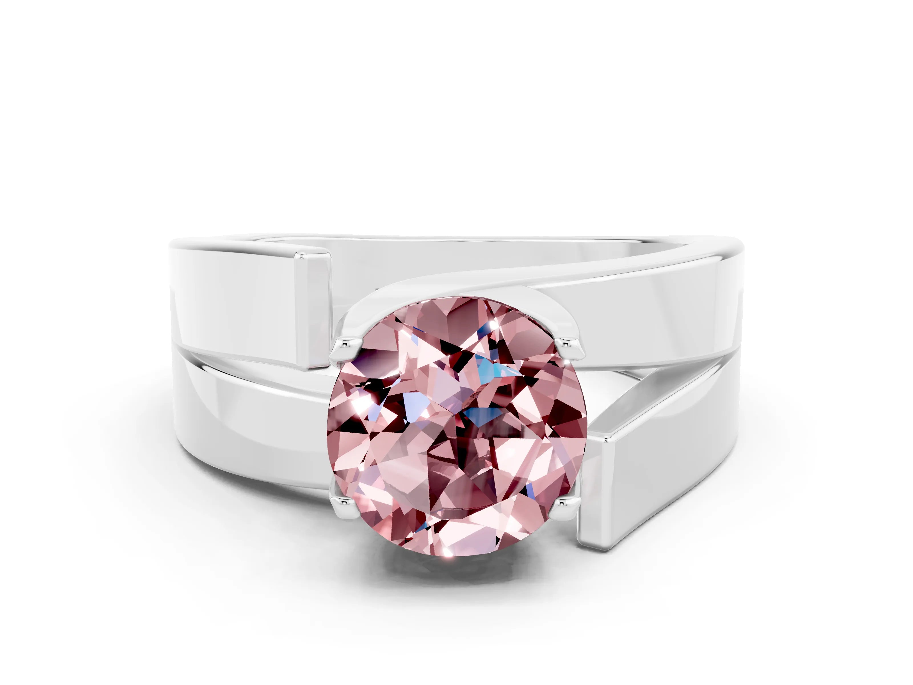 White gold Modern Tension Set Round Cut Morganite Solitaire Wide Band Ring