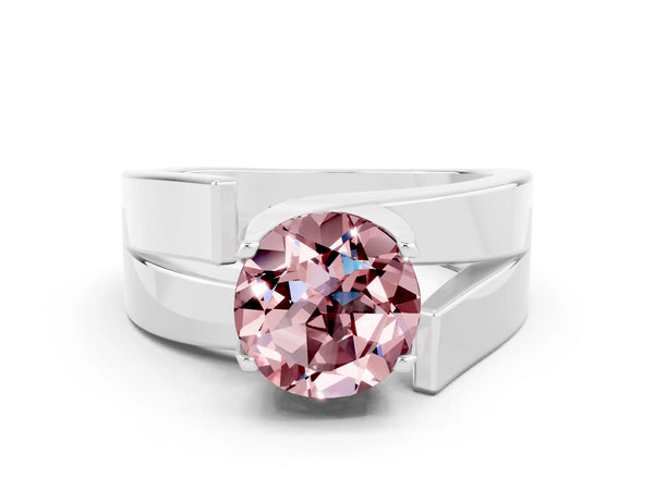 Silver Modern Tension Set Round Cut Morganite Solitaire Wide Band Ring