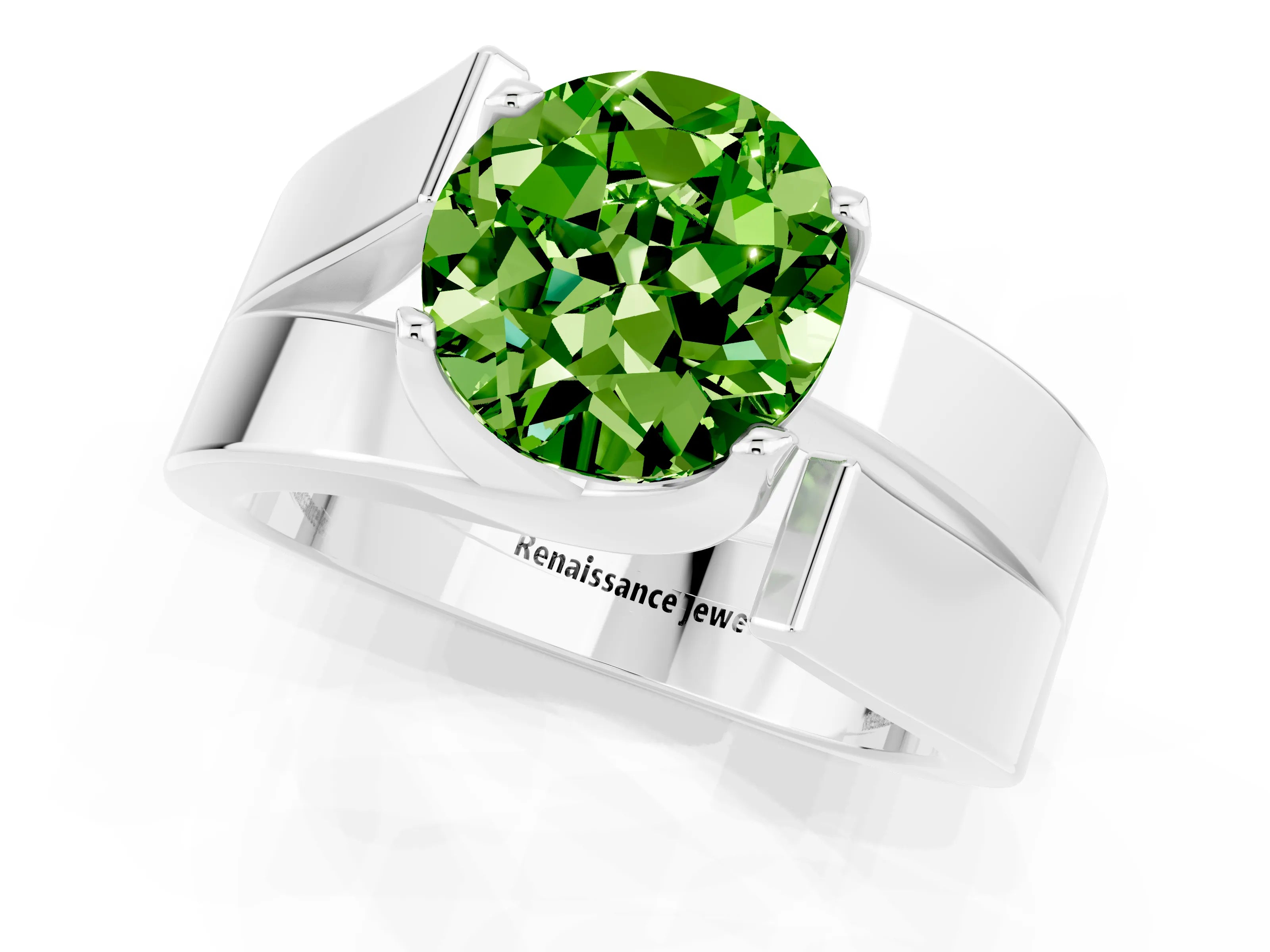 White gold Modern Tension Set Round Cut Peridot Solitaire Wide Band Ring_1