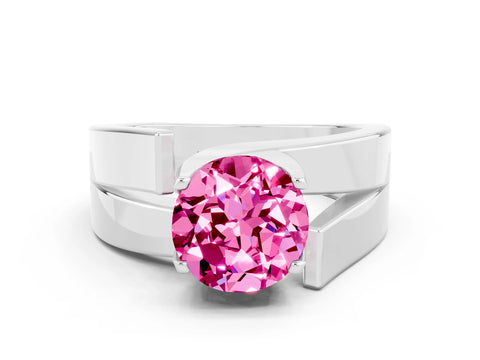 White gold Modern Tension Set Round Cut Pink Sapphire Solitaire Wide Band Ring_12