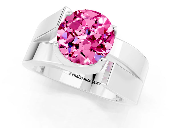 Silver Modern Tension Set Round Cut Pink Sapphire Solitaire Wide Band Ring