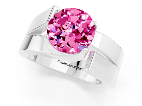 White gold Modern Tension Set Round Cut Pink Sapphire Solitaire Wide Band Ring_13