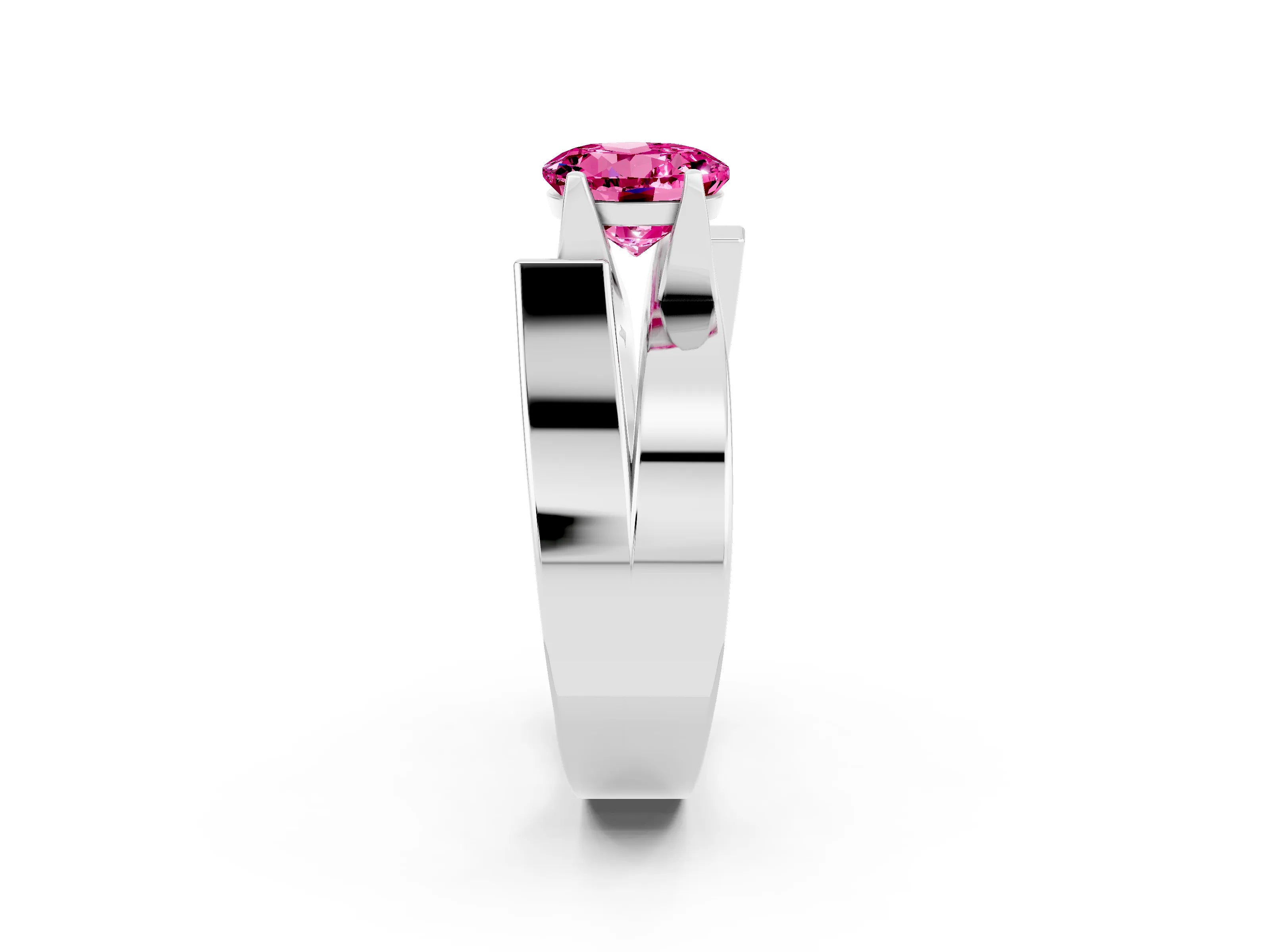 White gold Modern Tension Set Round Cut Pink Sapphire Solitaire Wide Band Ring_14
