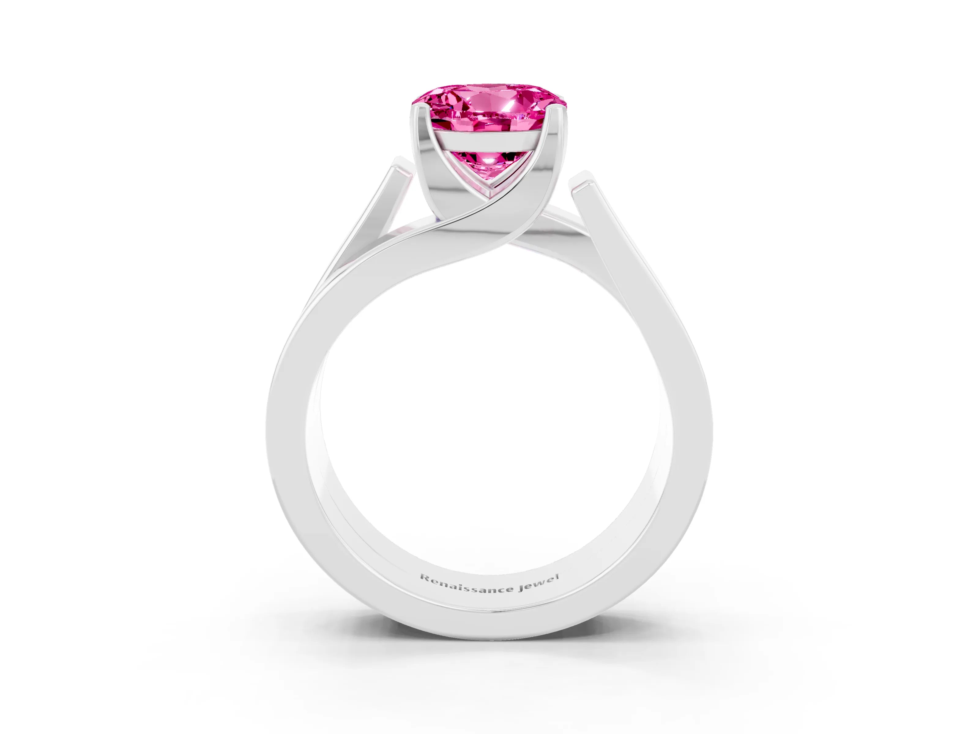 White gold Modern Tension Set Round Cut Pink Sapphire Solitaire Wide Band Ring_15