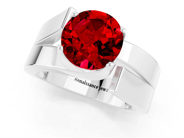 Silver Modern Tension Set Round Cut Ruby Solitaire Wide Band Ring