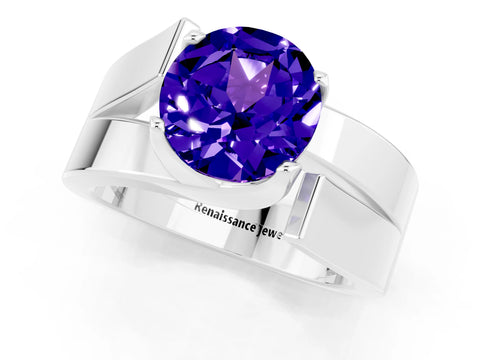 White gold Modern Tension Set Round Cut Tanzanite Solitaire Wide Band Ring_1