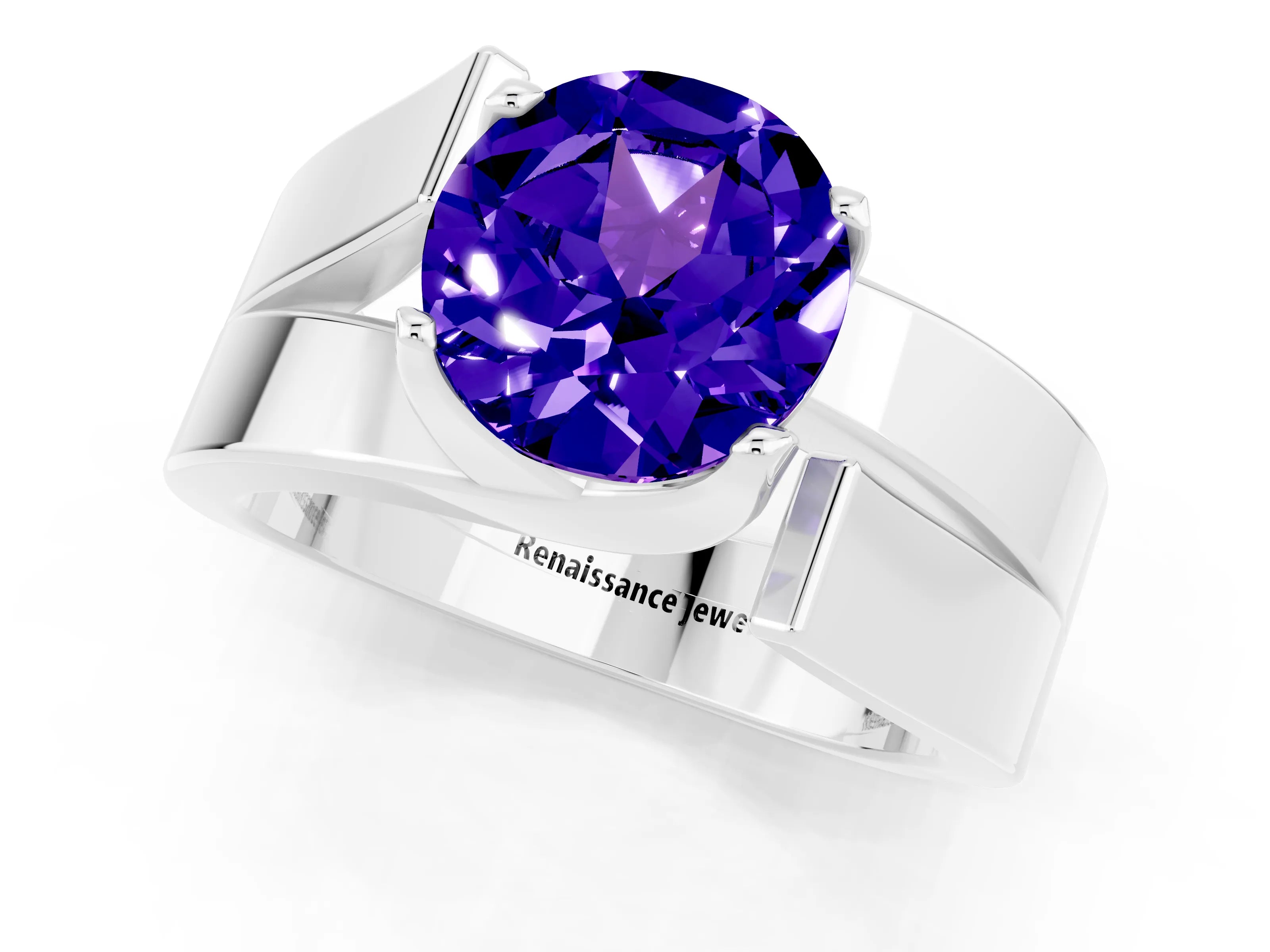White gold Modern Tension Set Round Cut Tanzanite Solitaire Wide Band Ring_1