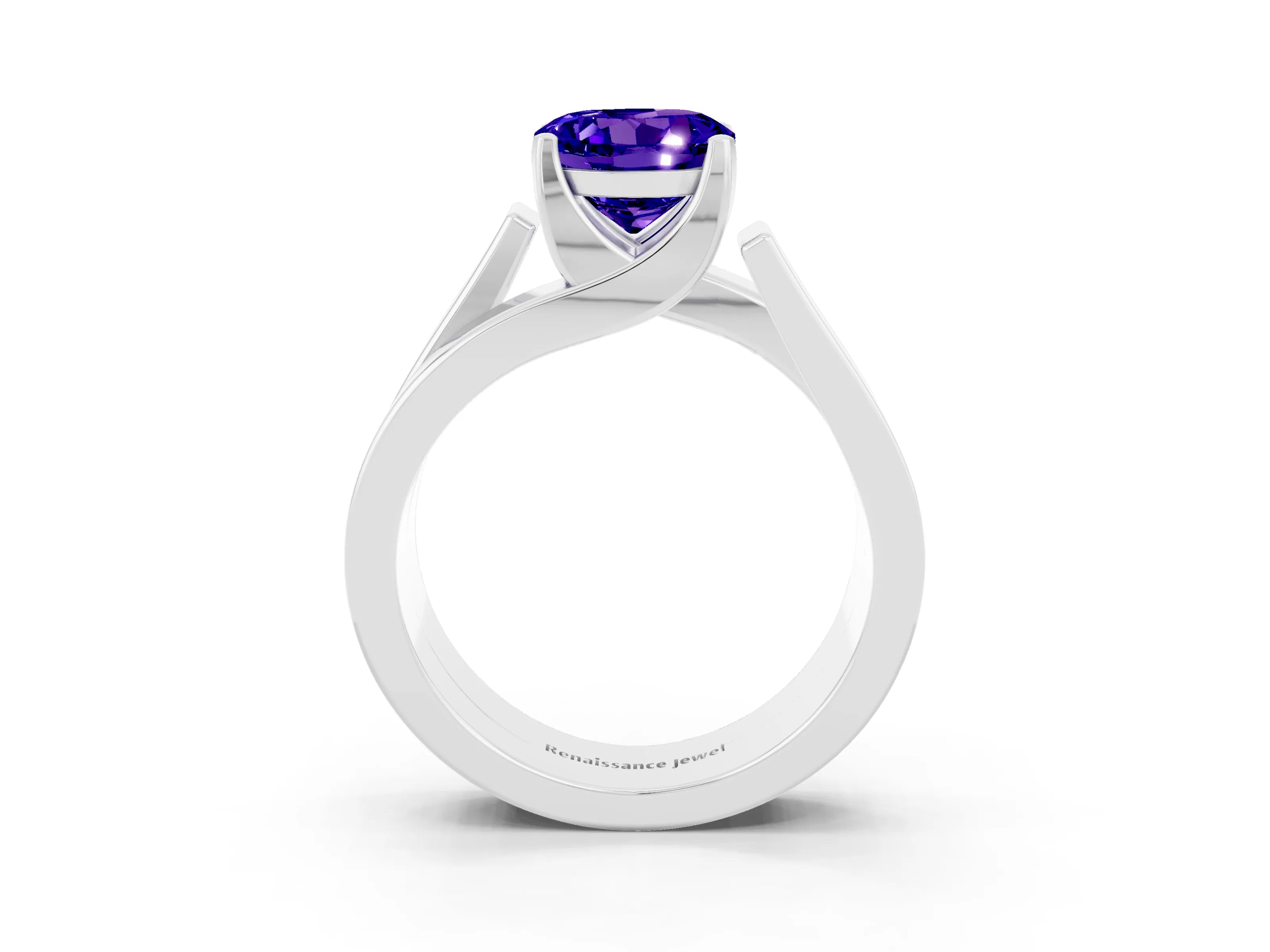 White gold Modern Tension Set Round Cut Tanzanite Solitaire Wide Band Ring_3