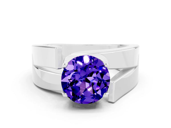 Silver Modern Tension Set Round Cut Tanzanite Solitaire Wide Band Ring