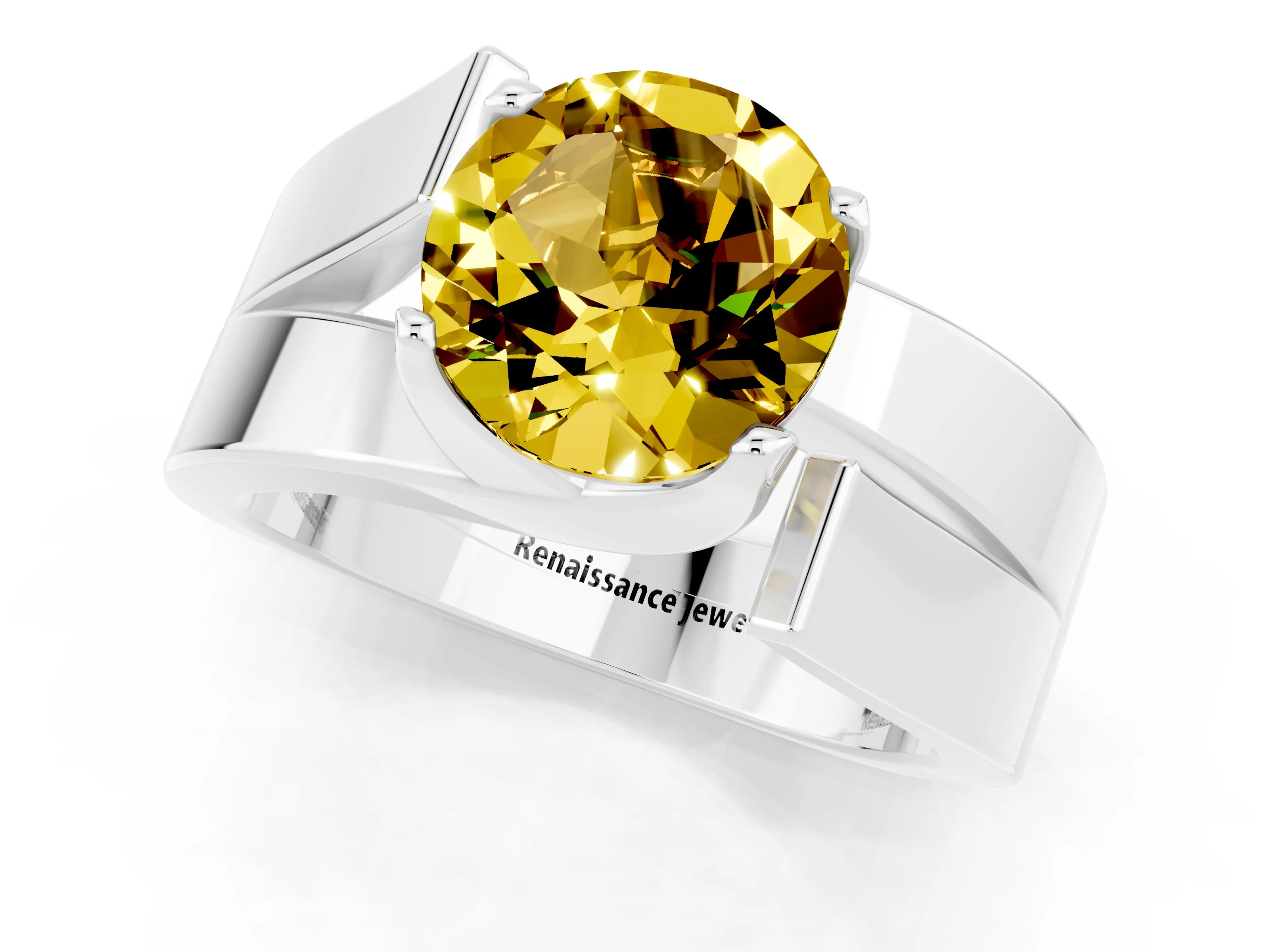 White gold Modern Tension Set Round Cut Yellow Sapphire Solitaire Wide Band Ring_13