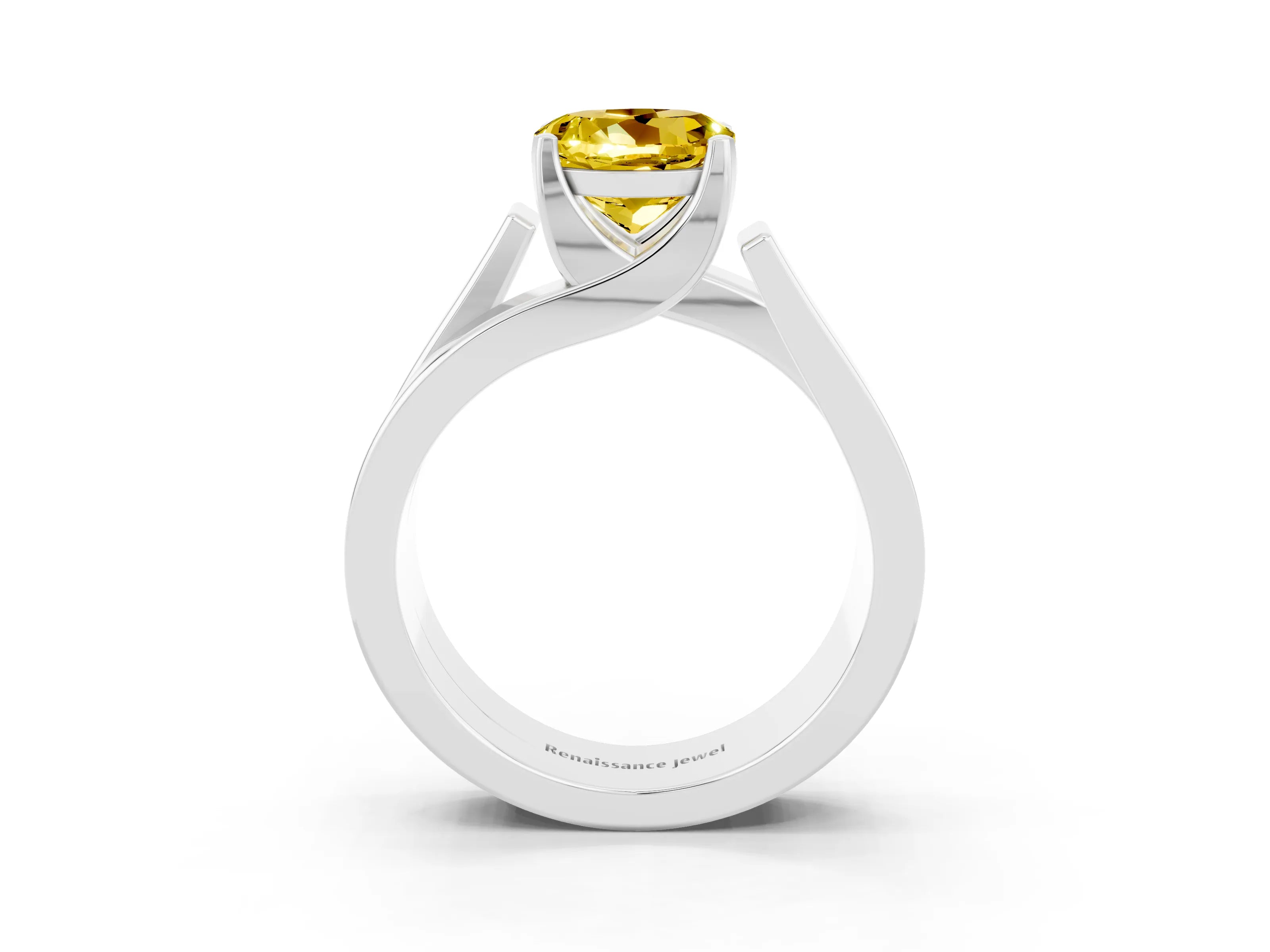 White gold Modern Tension Set Round Cut Yellow Sapphire Solitaire Wide Band Ring_15