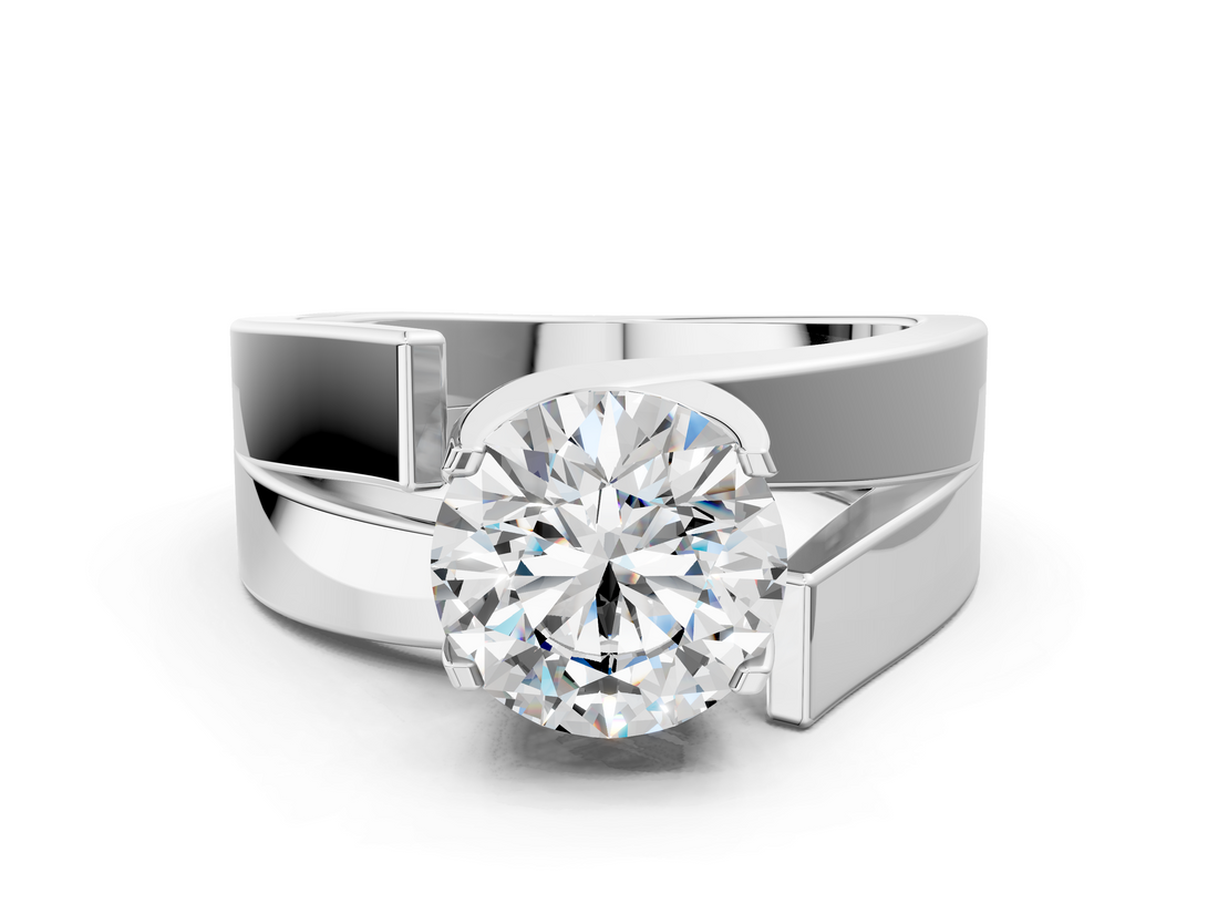 White gold Modern Tension Set Round Solitaire Wide Band Ring_163