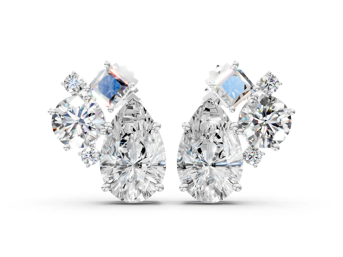 White gold Multi-Shape Diamond Mosaic Five Stone Stud Earrings_16