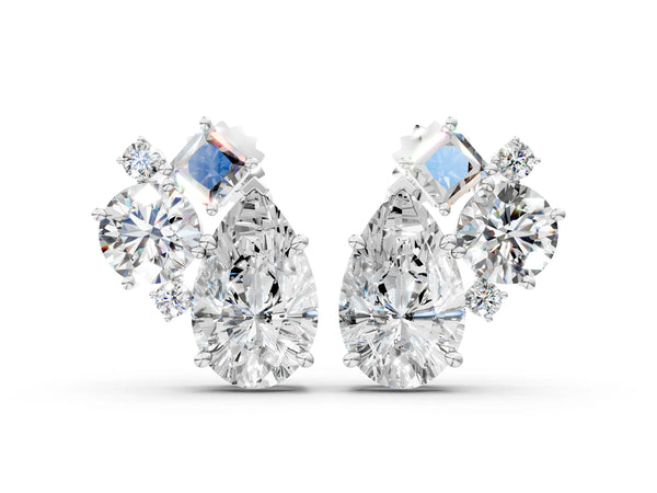 White gold Multi-Shape Diamond Mosaic Five Stone Stud Earrings