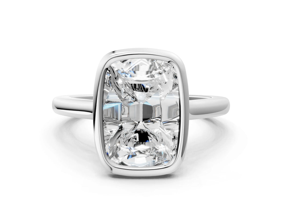 10K White Gold 2.04 Carat F VVS2 Old Mine Elongated Cushion Diamond Bezel Set Ring
