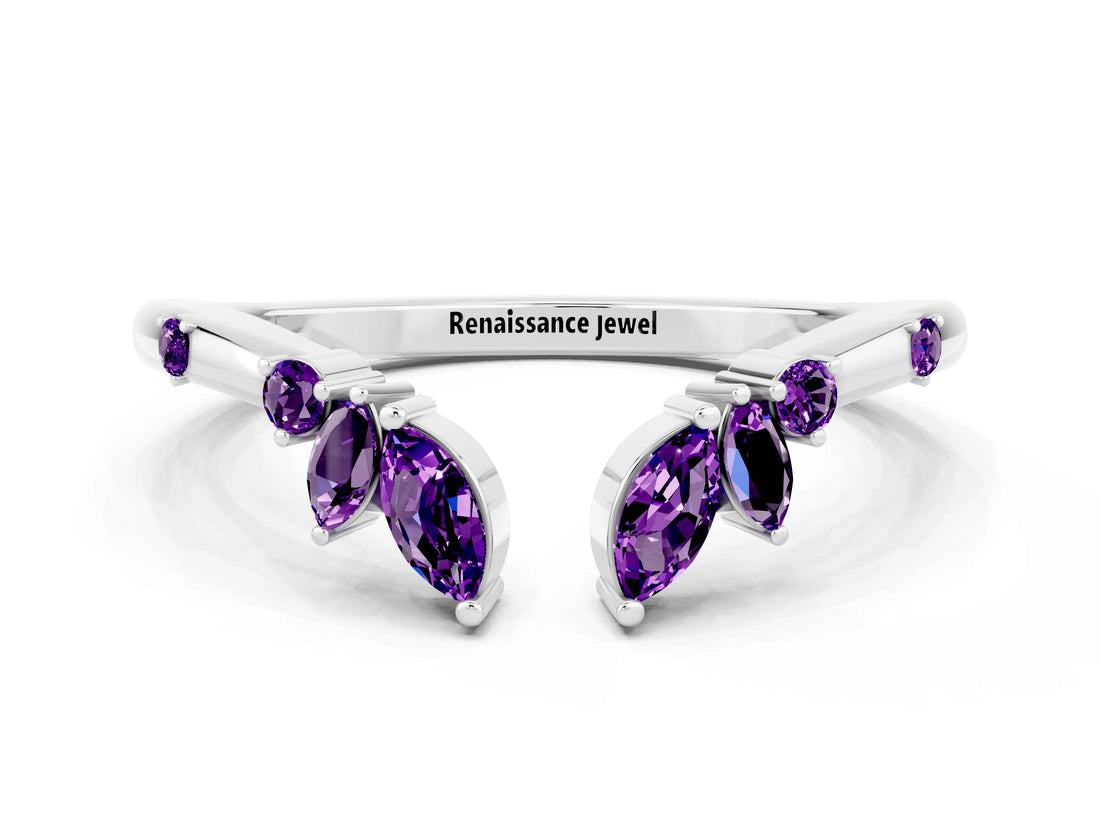 White gold Open Marquise Cluster Amethyst Band with Prong Setting_6