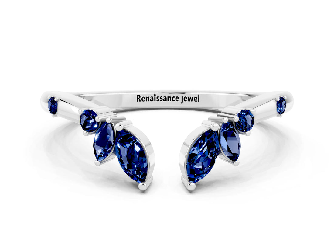 White gold Open Marquise Cluster Blue Sapphire Band with Prong Setting_6