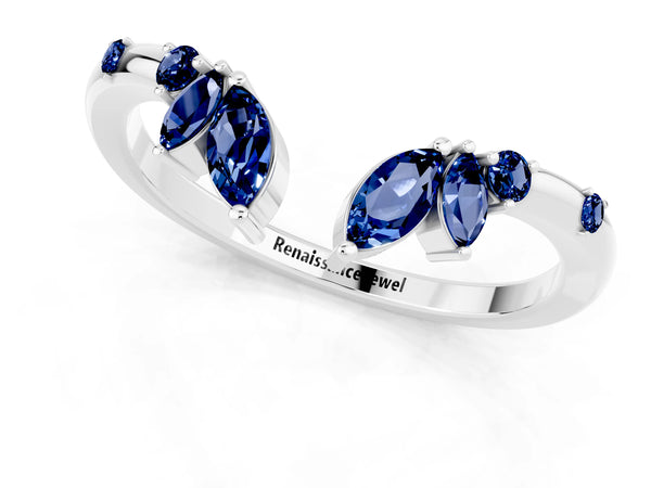 White Gold Marquise Lab-Grown Blue Sapphire Open Leaf Cluster Curved Wedding Band