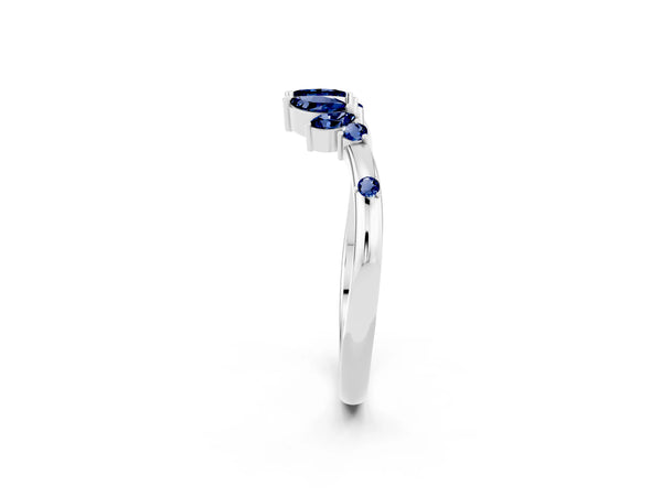 White Gold Marquise Lab-Grown Blue Sapphire Open Leaf Cluster Curved Wedding Band