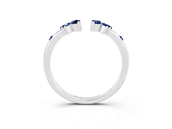 White Gold Marquise Lab-Grown Blue Sapphire Open Leaf Cluster Curved Wedding Band